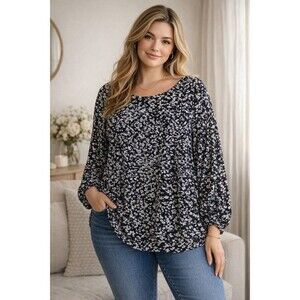 Calvin Klein Blouse Top Women's Size 2x Black & White Floral Ruched Sleeves